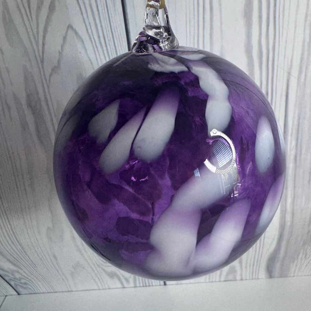 Hand Blown Art Glass Ornament Clear, Amethyst & White 5” Holiday or Decor